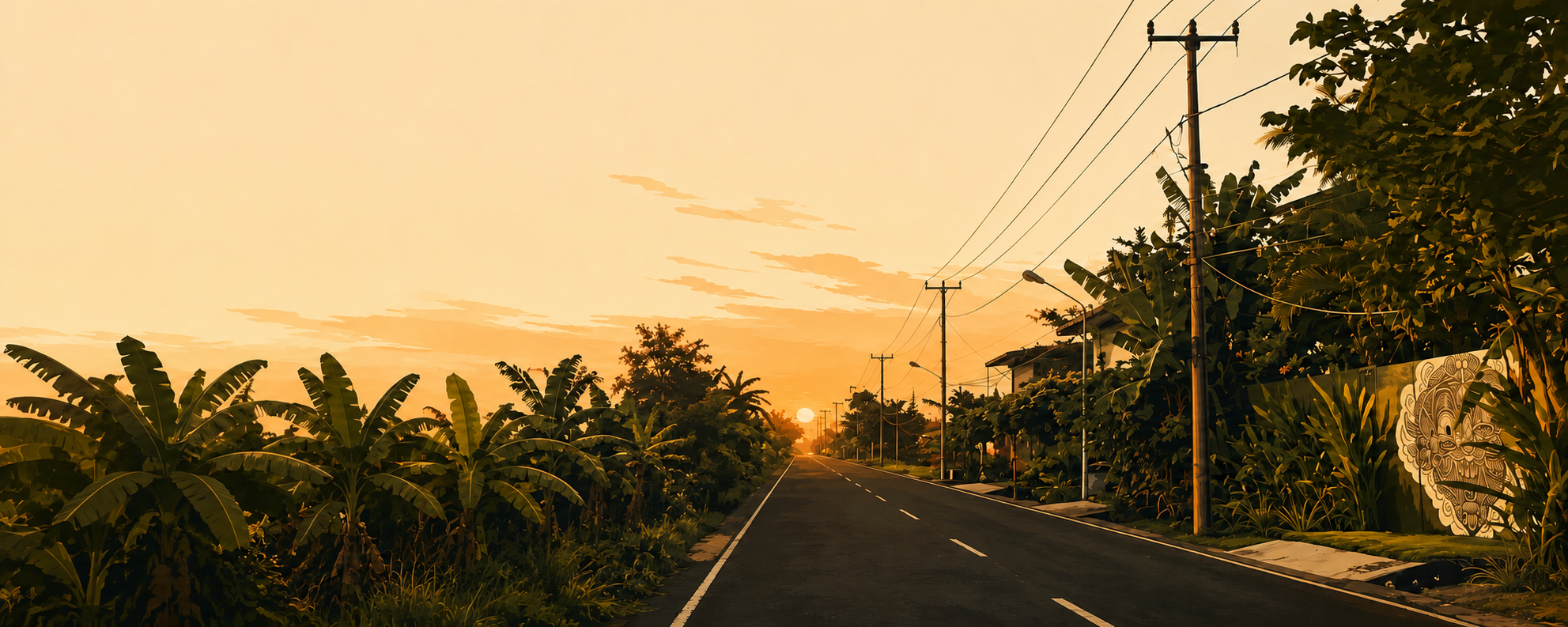 A road disappearing into a tropical landscape